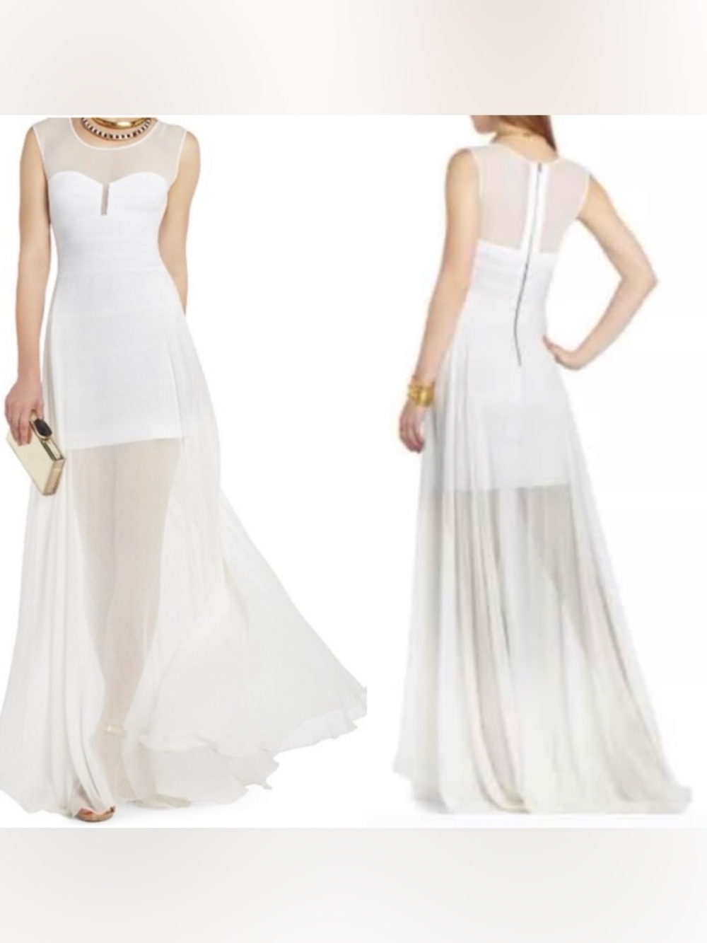 BCBMAXAZRIA  Alai bondage white / Cream gown  sheer mesh overlay skirt.sz XS‎